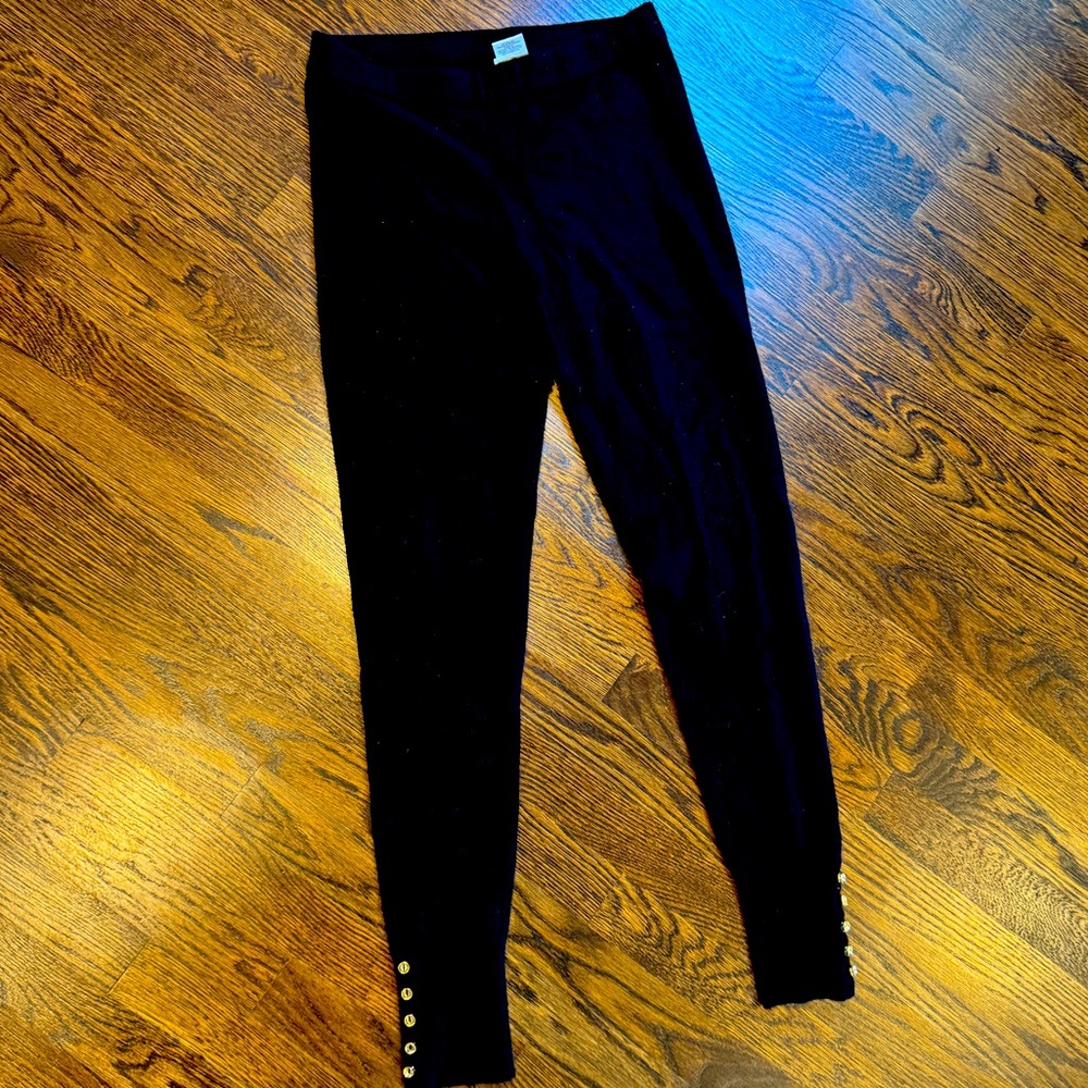 Minnie Rose merino wool joggers with gold button details.